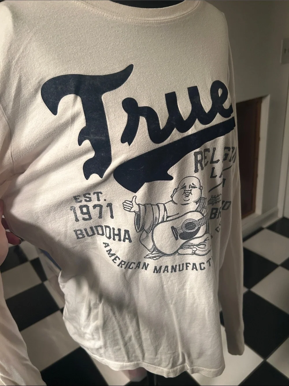 True Religion Cream Long Sleeve Tee with Navy Graphic Logo